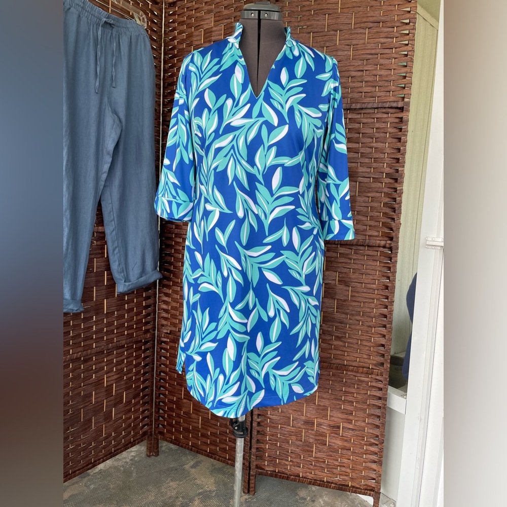 Katherine Way Coco Shift Dress in a blue and green patterned leaf print